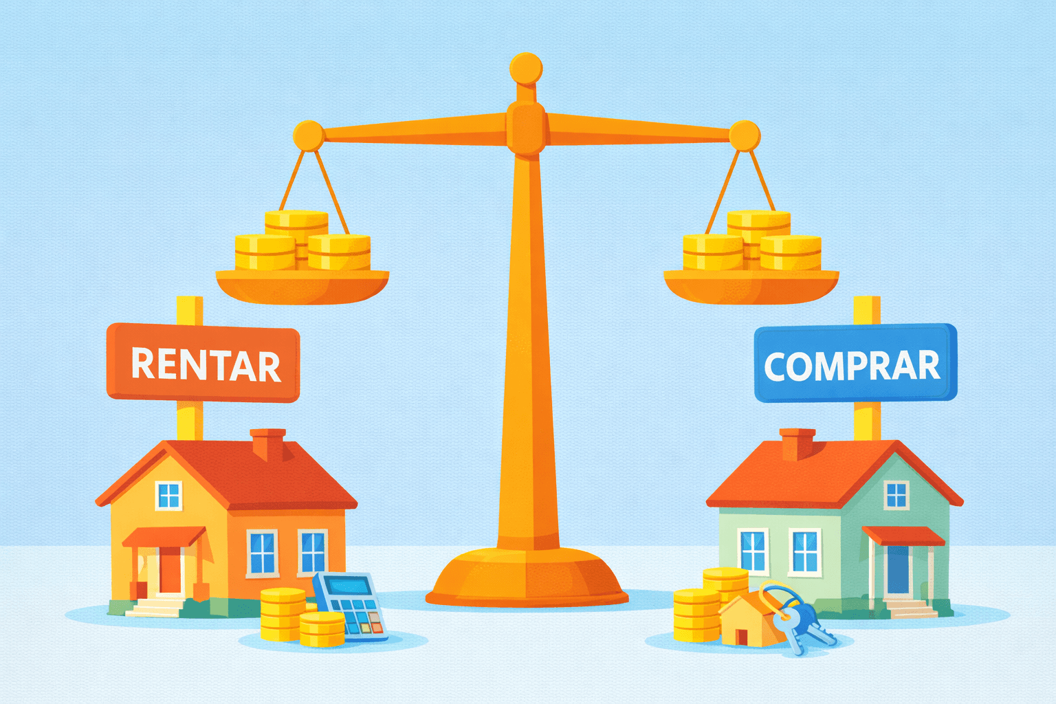 Ilustración conceptual de una casa dividida en dos, simbolizando la elección entre rentar y comprar vivienda en México, con referencias a costos y ventajas de cada opción