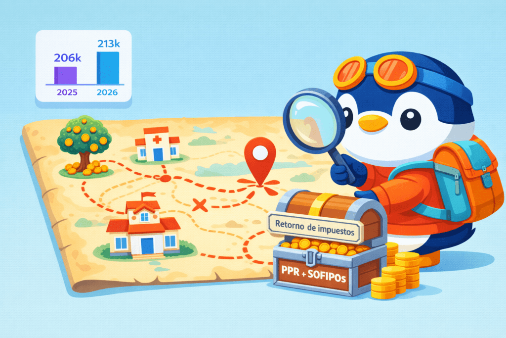 Ilustración de Pin con calculadora subiendo una escalera de monedas, simbolizando las deducciones personales y las aportaciones para el retiro con los nuevos límites de la UMA 2026