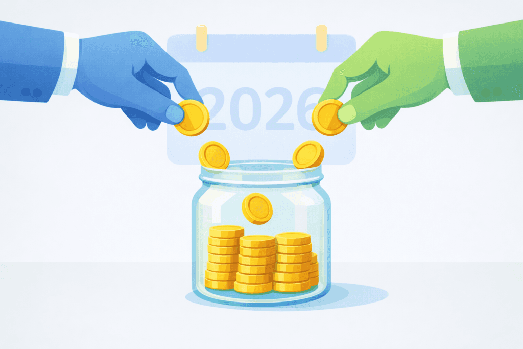 Dos manos depositan monedas en un frasco, representando aportaciones iguales de empleado y empresa al fondo de ahorro 2026.