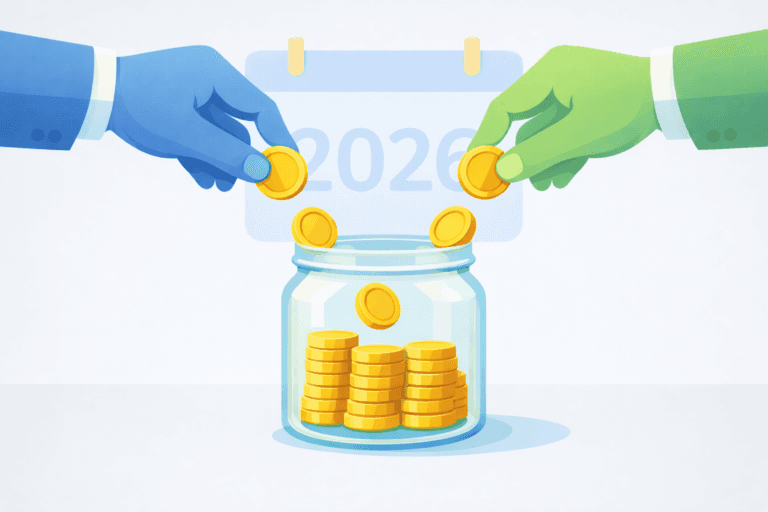 Dos manos depositan monedas en un frasco, representando aportaciones iguales de empleado y empresa al fondo de ahorro 2026.
