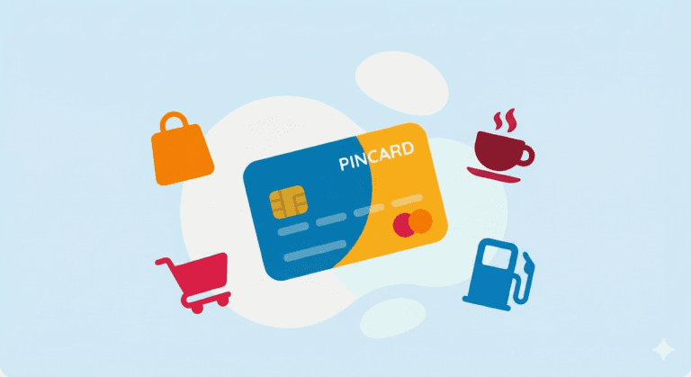 Ilustración destacada para el blog 'Consejos para principiantes', mostrando una tarjeta de crédito central rodeada de iconos de compras, gasolina y cafetería para representar su uso cotidiano y aceptación.