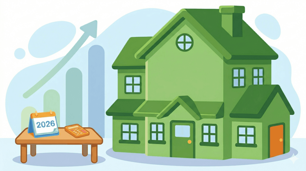 Ilustración minimalista de un calendario de escritorio marcando el año 2026 con iconos de una casa y una calculadora, sobre un fondo de gráficas de barras ascendentes en azul y verde que representan el crecimiento inmobiliario.