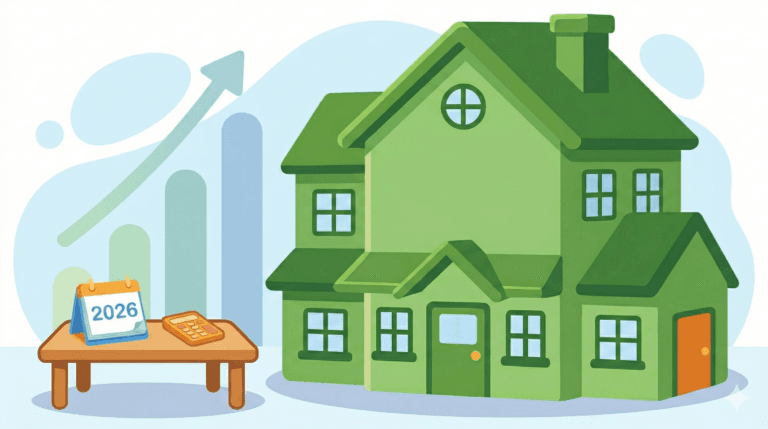 Ilustración minimalista de un calendario de escritorio marcando el año 2026 con iconos de una casa y una calculadora, sobre un fondo de gráficas de barras ascendentes en azul y verde que representan el crecimiento inmobiliario.