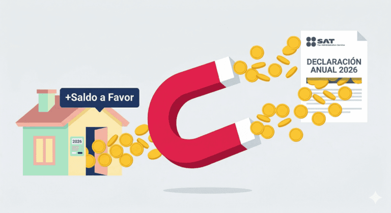 Ilustración vectorial 2D plana de un imán rojo atrayendo monedas desde un documento del SAT hacia una casa moderna, representando la recuperación del saldo a favor en la declaración anual 2026 en México.