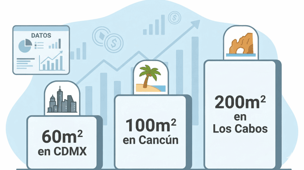 Ilustración comparativa de tres cuadros que muestran cuánto espacio rinde el dinero en 2026: un cuadro pequeño para 60 m² en CDMX, uno mediano para 100 m² en Cancún y uno grande para 200 m² en Los Cabos, destacando la diferencia de metros cuadrados por ciudad.