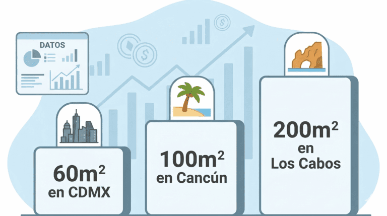 Ilustración comparativa de tres cuadros que muestran cuánto espacio rinde el dinero en 2026: un cuadro pequeño para 60 m² en CDMX, uno mediano para 100 m² en Cancún y uno grande para 200 m² en Los Cabos, destacando la diferencia de metros cuadrados por ciudad.