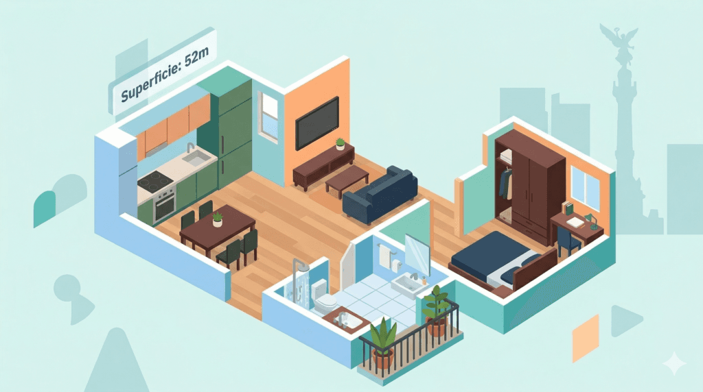 Ilustración vectorial isométrica 3D de un micro-departamento organizado de 45 a 60 m² en Ciudad de México, destacando la etiqueta Optimización 2026 y el dato del 92% de vivienda vertical en zonas centrales con mobiliario minimalista en color oro sólido.