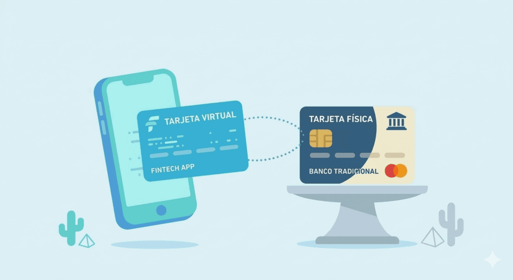 Ilustración simétrica que muestra un smartphone con una tarjeta de crédito virtual (fintech) y una tarjeta física tradicional (banca tradicional) conviviendo en armonía, representando las opciones de crédito para principiantes en México 2026.